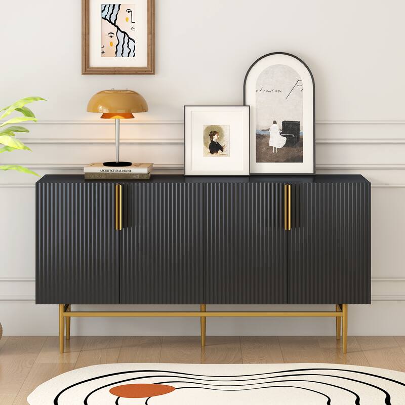 Elegant 4-Door Sideboard Buffet Cabinet with Gold Handles & Adjustable Shelves for Living Room Storage - Black