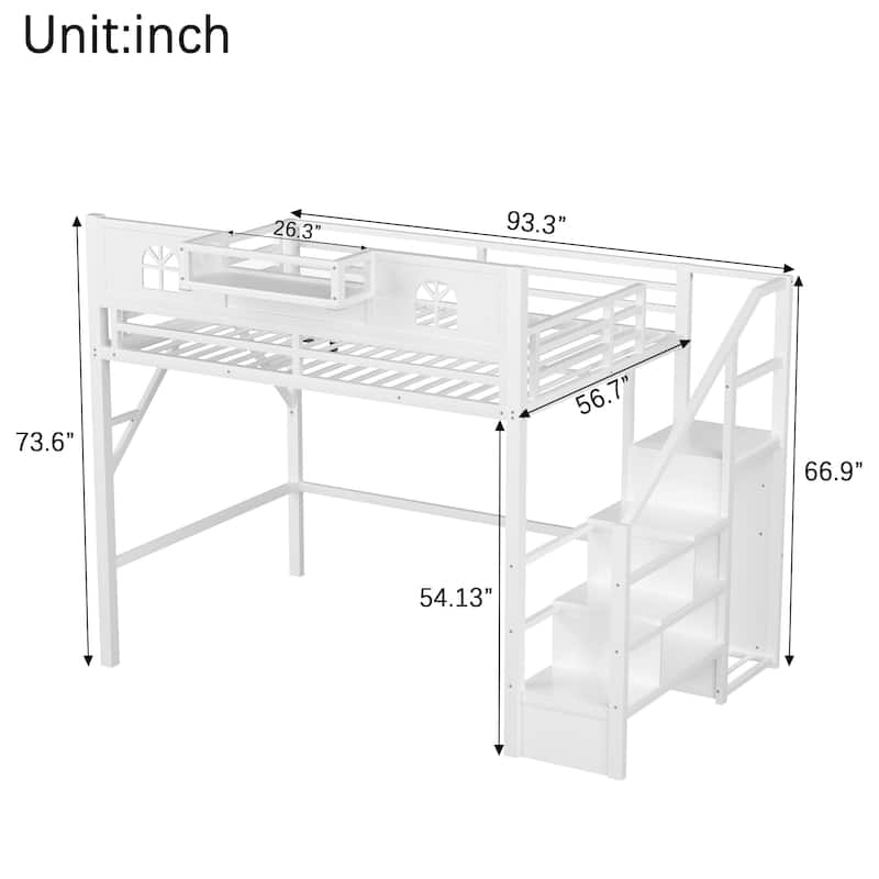 Full Size Loft Bed with Stairs, Metal Full Loft Bed with High and House Shaped Guardrails, High Loft Bed with Wardrobe for Kids