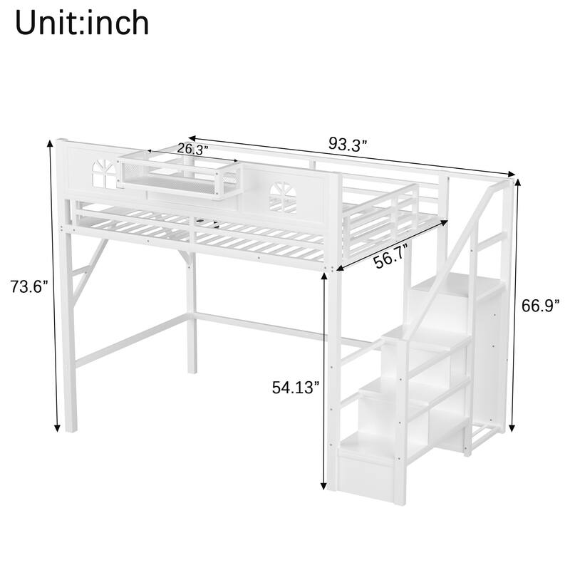 Queen/Full Size Metal Loft Bed with Stairs and House-Shaped Guardrails, High Loft Bed with Built-in Wardrobe
