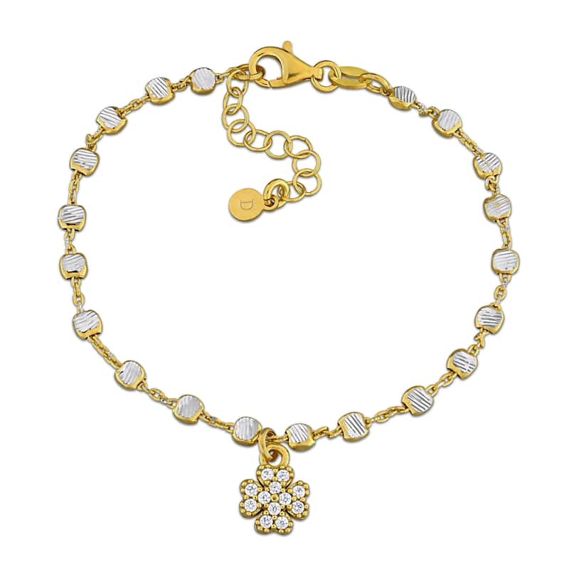 Miadora 3.3mm Discs Cubic 4 Leaf Clover Charm Bracelet Yellow Plated Sterling Silver