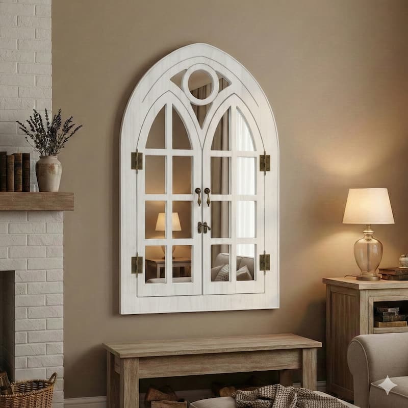Classic Arched Wood Framed Window Pane Wall Mirror