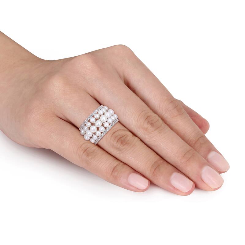 Miadora White Cultured Freshwater Pearl and 1-3/5ct TGW Created White Sapphire Multi-row Ring in Sterling Silver