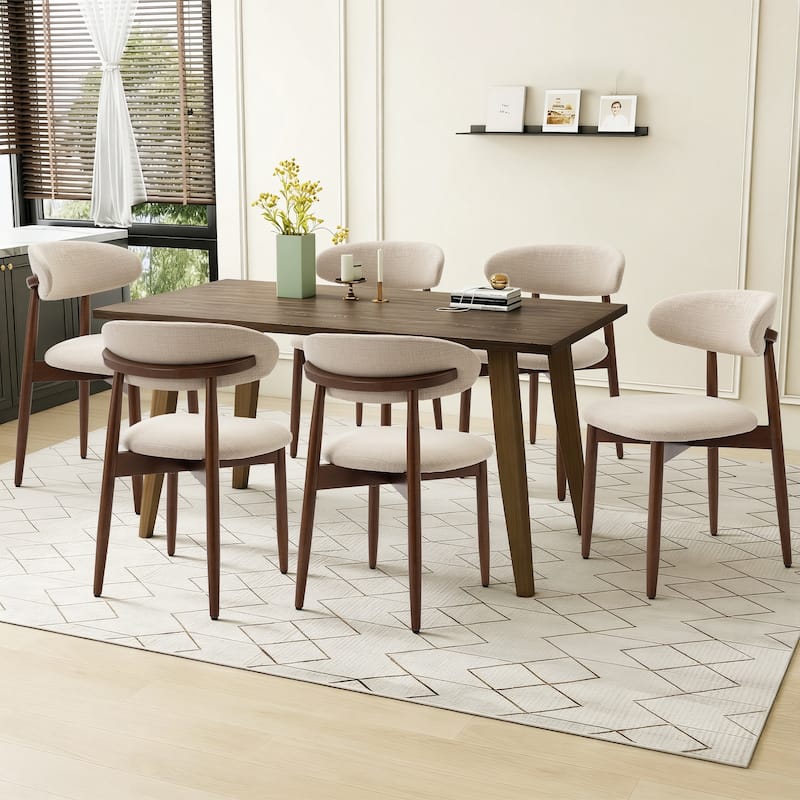 Open Back Upholstered Wood Frame Dining Chair Fabric Seat - Set of 6 - Beige