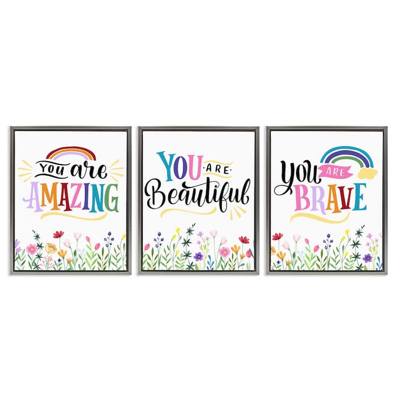 Stupell Confidence Sentiments with Florals Framed Floater Canvas Wall Art Design By Kim Allen (Set of 3) - 25 x 31 - Grey
