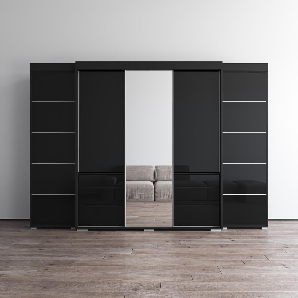 Meble Furniture Monaco 3D-EXEX Wardrobe with Mirror, Matte Body & Glass Fronts, 117.4"W x 26"D x 82"H