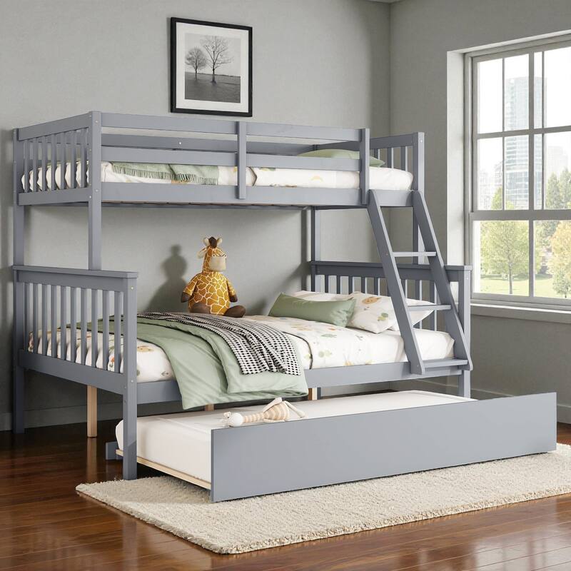 Twin Over Full Rubber Wood Bunk Bed with Twin Trundle, Convertible Ladder, Detachable Design, and Safety Guardrails - Grey - Full