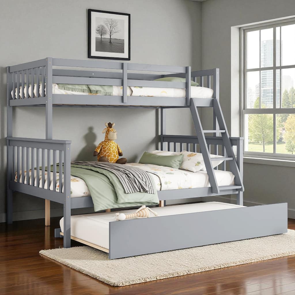 Twin Over Full Rubber Wood Bunk Bed with Twin Trundle, Convertible Ladder, Detachable Design, and Safety Guardrails