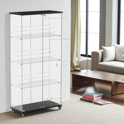 4-Tier Glass Display Cabinet with Double Doors & Locks, 6 Acrylic Shelves, Floor Standing Storage Showcase for Home or Office