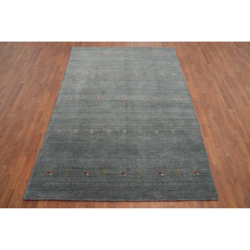 Hand Knotted Oriental 100% Wool Carpet Tribal Animal Pictorial Greys & Charcoal Gabbeh Area Rug - 8' 8'' X 5' 10''