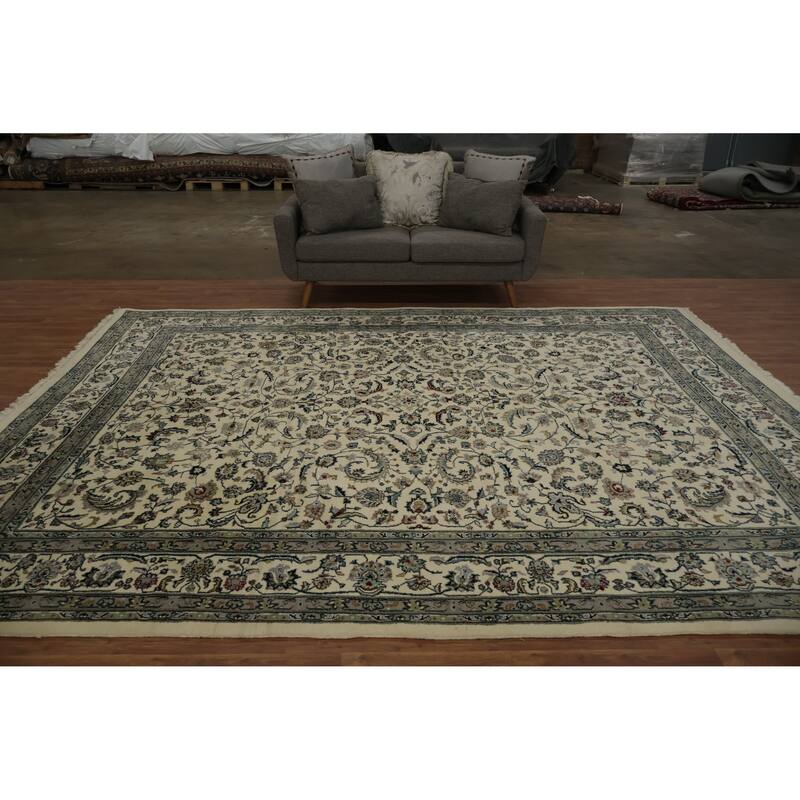 Hand Knotted Oriental 100% Wool Carpet Traditional Floral Beige & Ivories Kashan Area Rug - 11' 10'' X 9' 1''