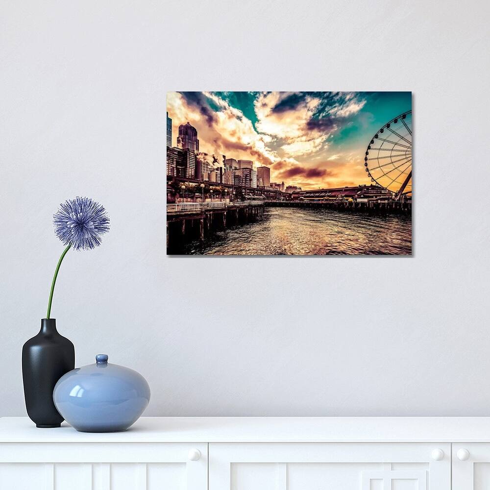 iCanvas "Turquoise Seattle Sunrise Great Wheel Pier 57 Cityscape" by Nature Magick Canvas Print