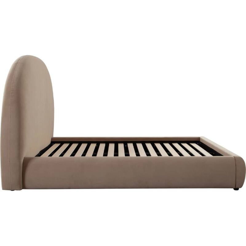Feny Queen Size Bed w Arch Headboard, Camel Brown Velvet Upholstery