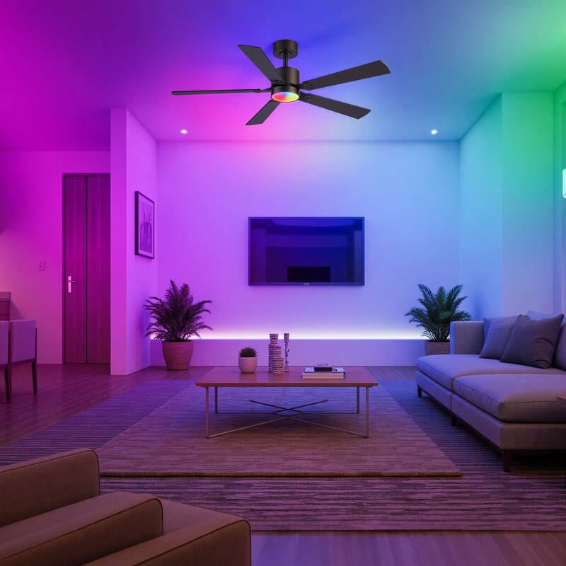 52-Inch Matte Black Ceiling Fan with RGB LED Light and Voice Control((5 Reversible Blades)