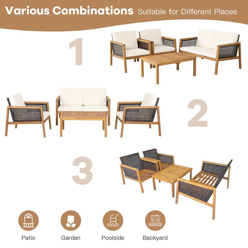 Costway 8PCS Patio Rattan Furniture Set Acacia Wood Cushioned Sofa Off