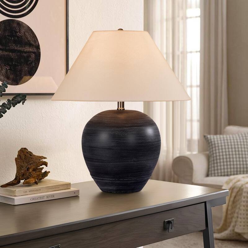 Ceramic Table Lamp with Linen Shade - Black white stripe - 18.1"W x18.1"Dx21.2"H