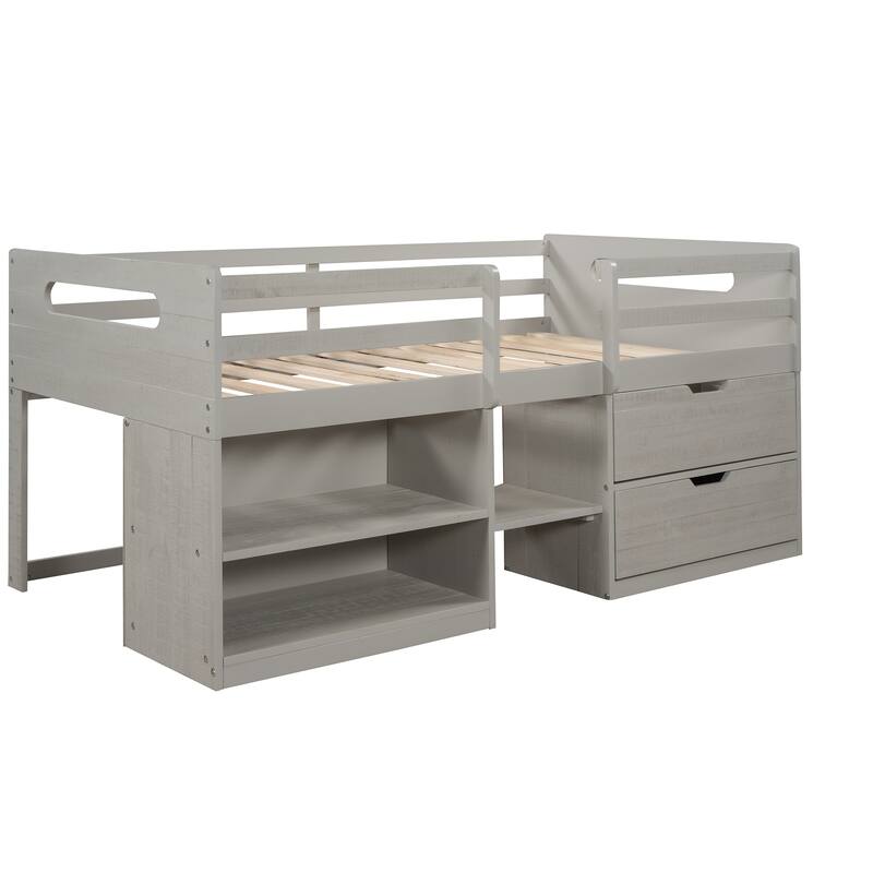 Twin Solid Pine Loft Bed with Shelves, Drawers, and Guardrail