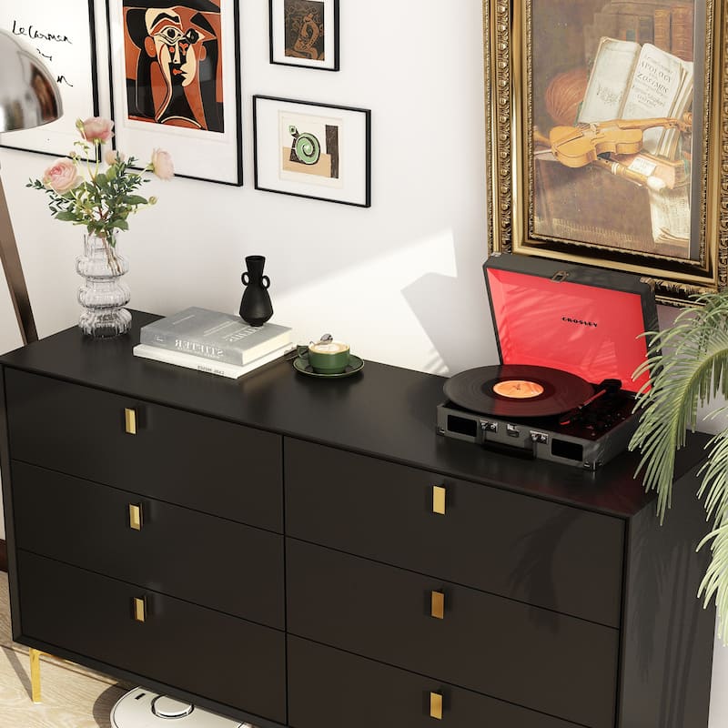 55.1"W 6-Drawer Double Dresser Black Gold Storage Cabinet Chest