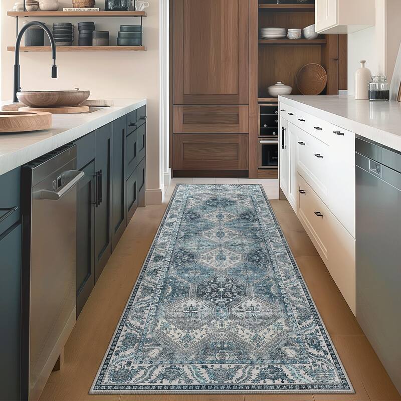 Mcow Vintage Wood-Tone Low-Pile Washable Non-Slip Area Rug - 2' x 7' - Light Grey/Blue - Runner