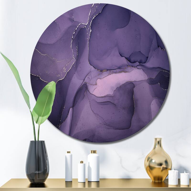 Designart 'Purple And Grey Marble Ink Clouds II' Modern Metal Circle Wall Art - 23x23 - Disc of 23 Inch