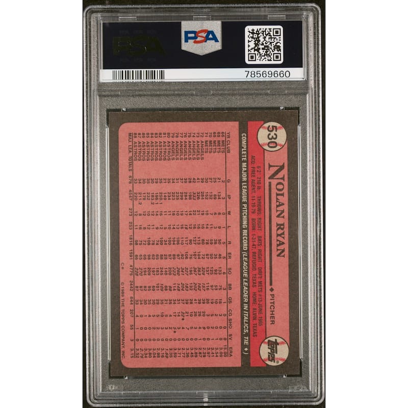 Nolan Ryan 1989 Topps Baseball Card #530 Graded PSA 10 - 8'6" x 11'6"