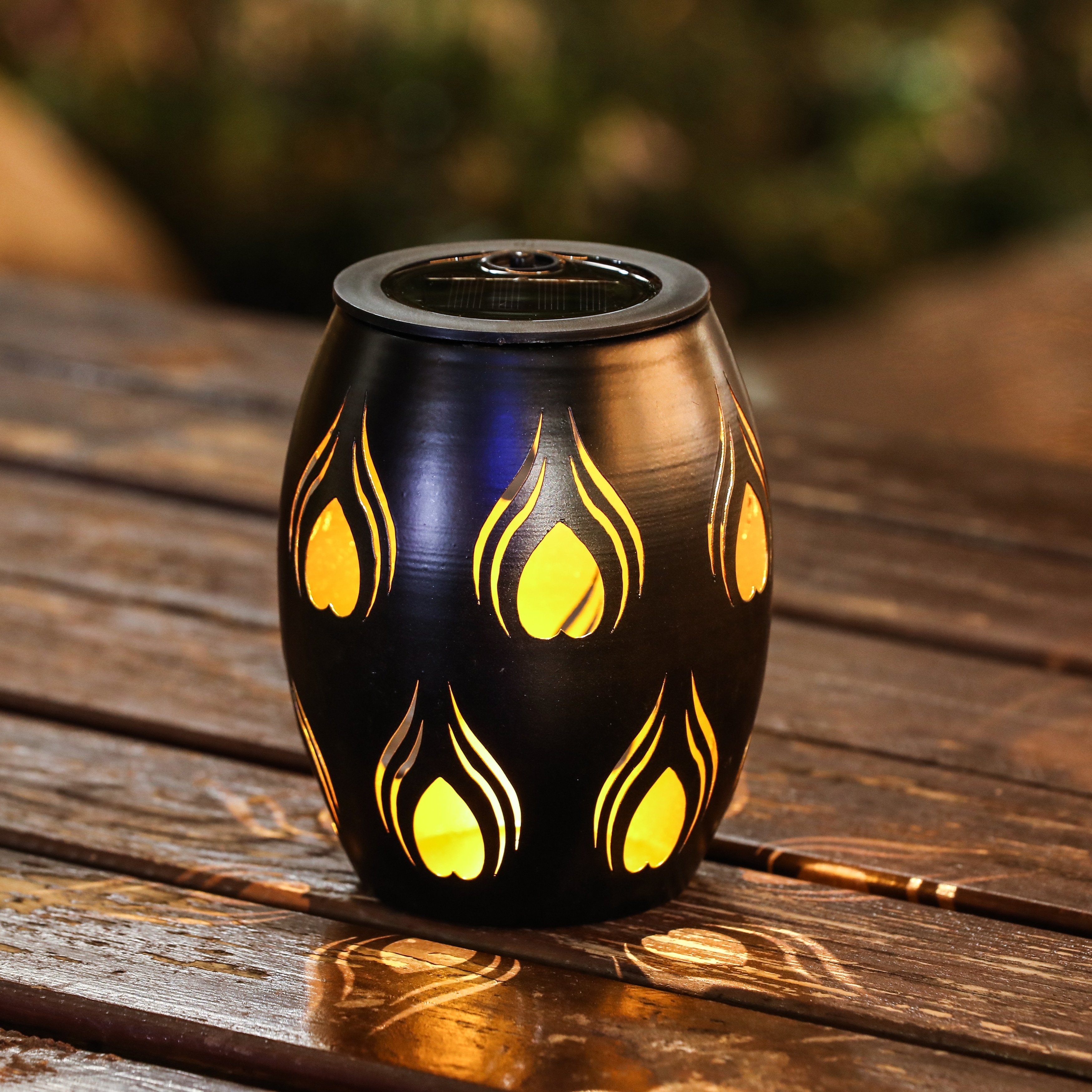 Black Fire Metal 6-Inch Solar Powered Outdoor Decorative Lantern
