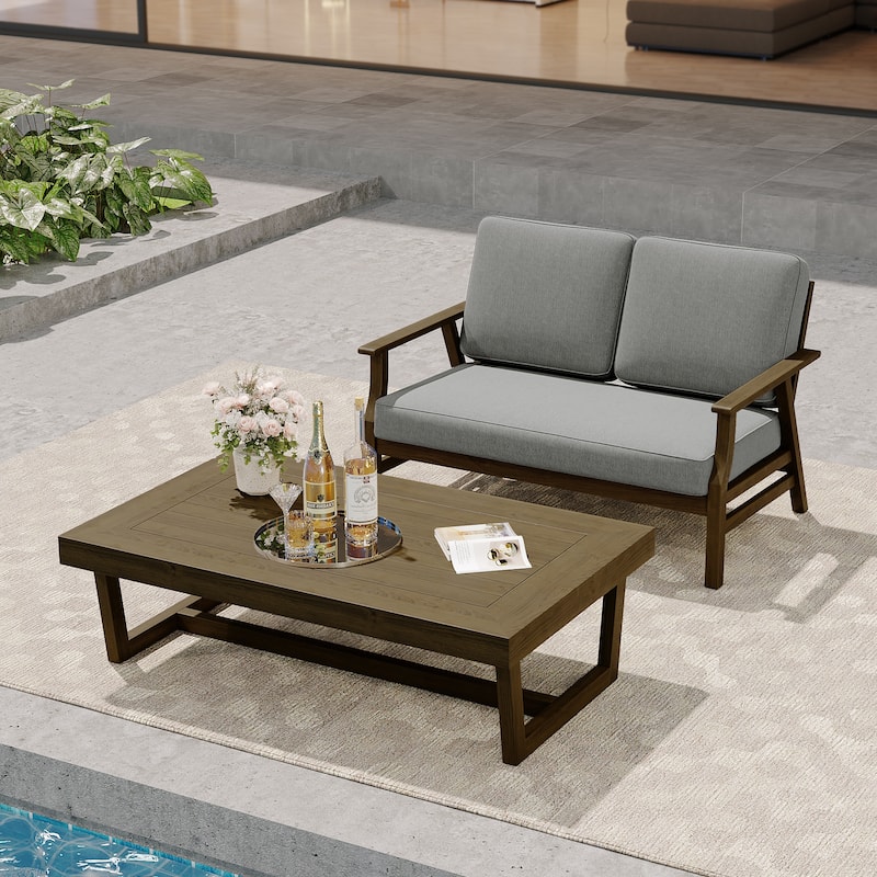 Modern Wood Outdoor Patio Sofa Loveseat with Cushion - Loveseat Set - Grey