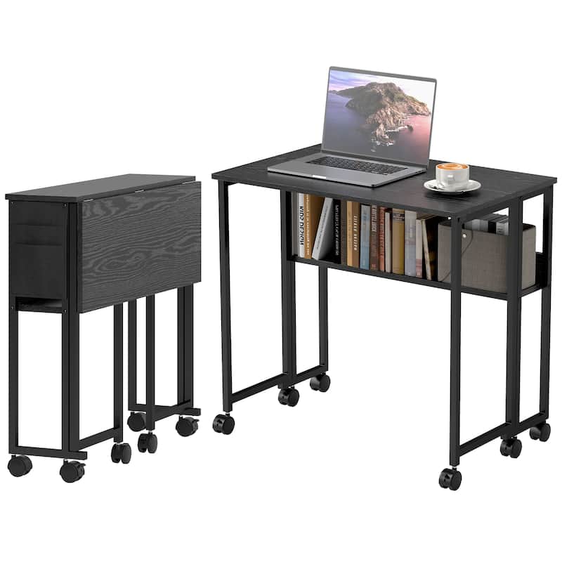 Mobile Foldable Desk with Storage Shelf and Drop-Leaf Design for Narrow Spaces and Home or Office - Black