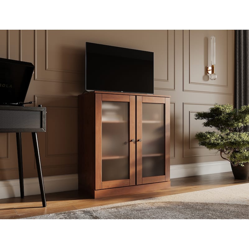 Palace Imports 100% Solid Wood TV Stand with Frosted Glass Doors for TVs up to 32" - Mocha