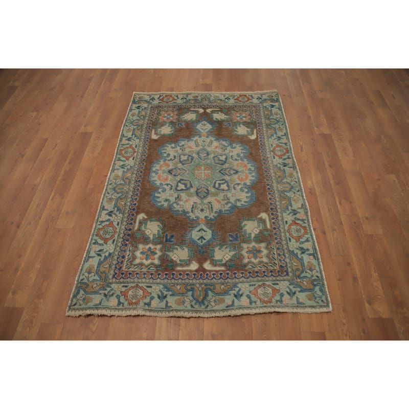 Hand Knotted Oriental 100% Wool Carpet Traditional Medallion Brown Tabriz Area Rug - 4' 7'' X 3' 0''