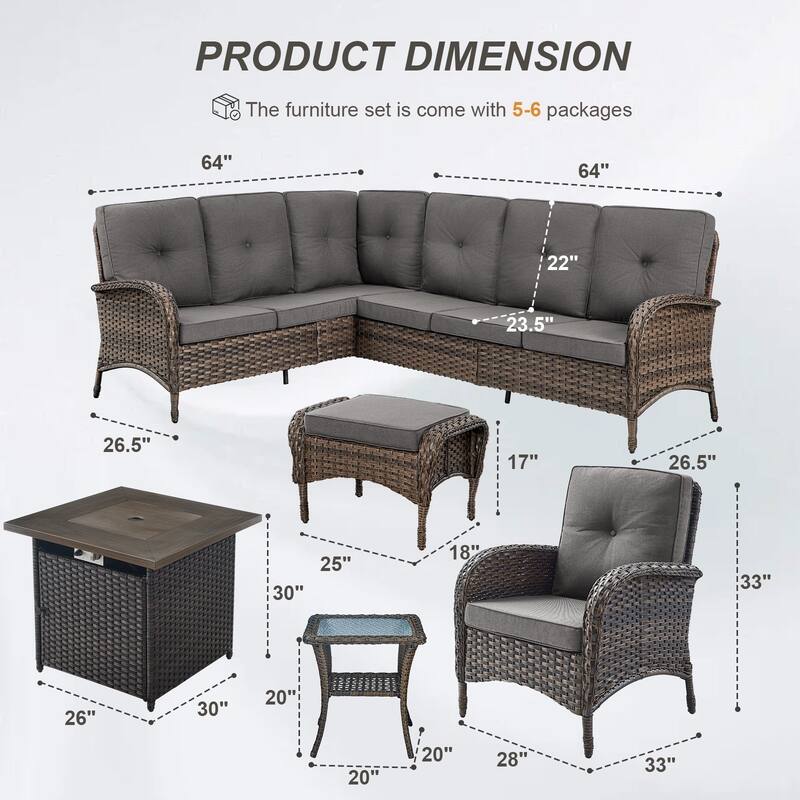 Gymojoy L-Shaped Outdoor Sectional Sofa Set with Fire Pit, Chairs & Ottomans
