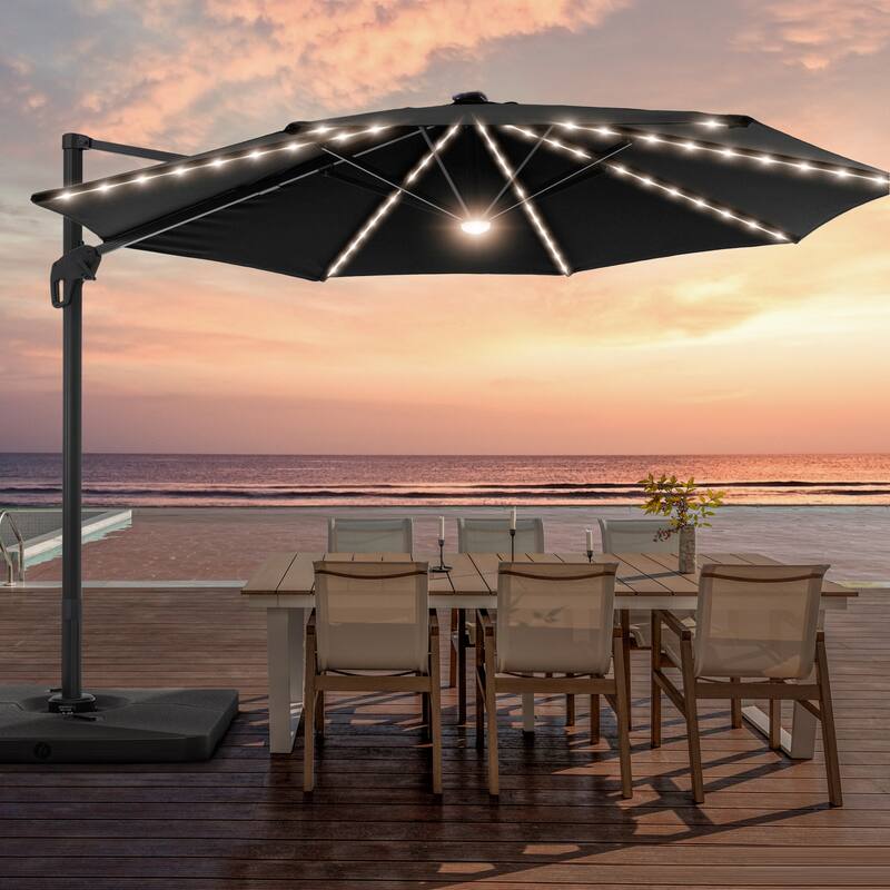 LIVOOSUN 11FT LED Round Patio Cantilever Umbrella With a Base - Black