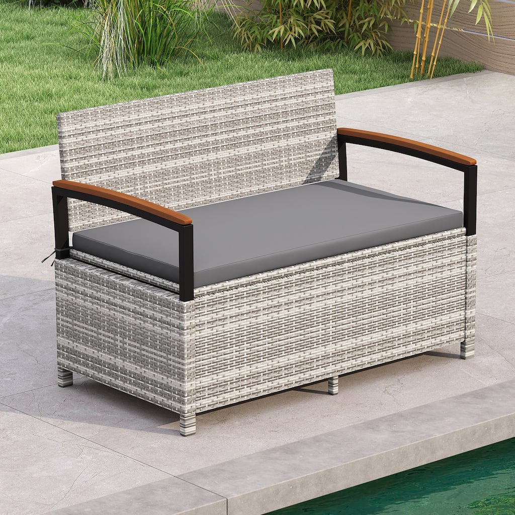Gymax Outdoor Storage Bench w/Cushion Backrest & Acacia Wood Armrests