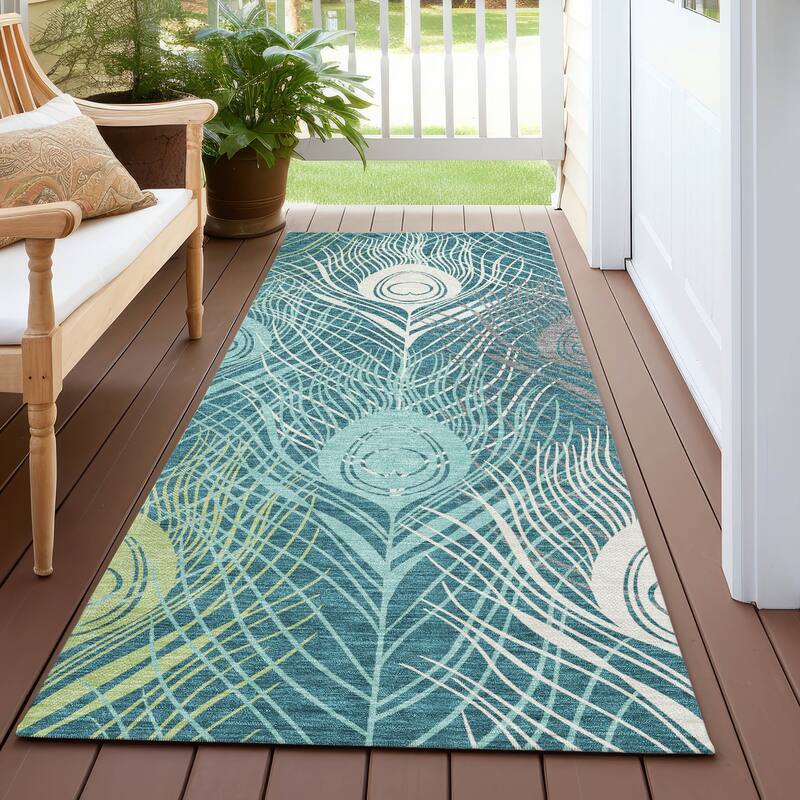 Machine Washable Indoor/ Outdoor Modern Peacock Chantille Rug - Teal - 2'3" x 7'6"