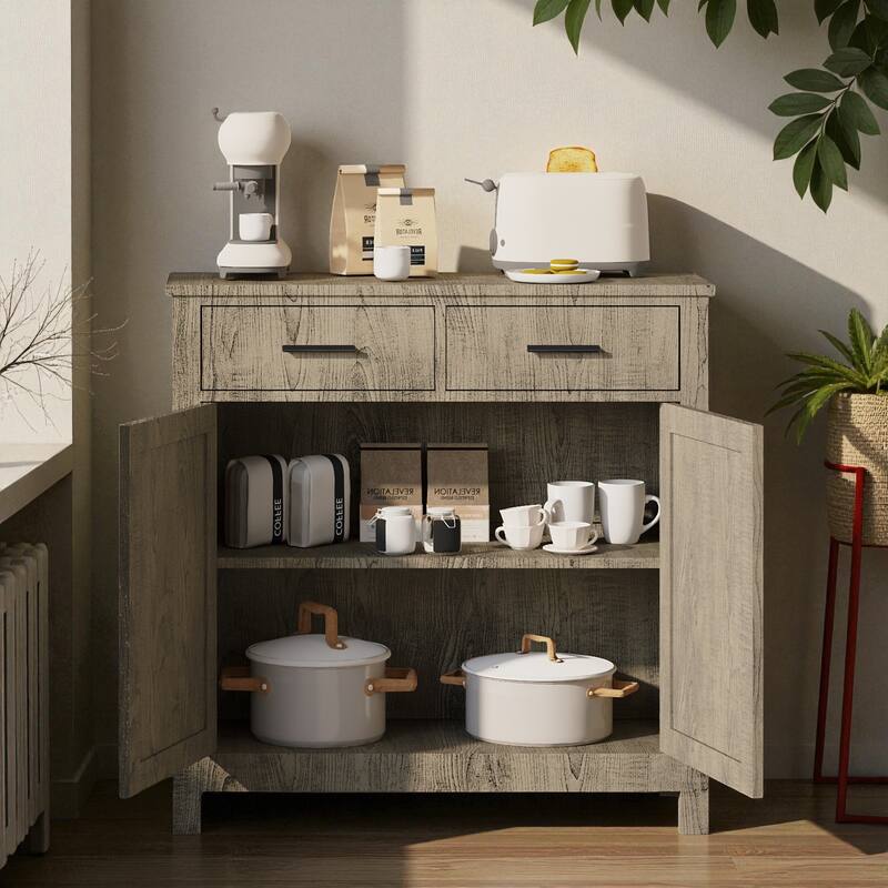 Modern Farmhouse Buffet Cabinet with 2 Drawers and 2 Doors, Kitchen Sideboard Coffee Bar Storage Cabinet