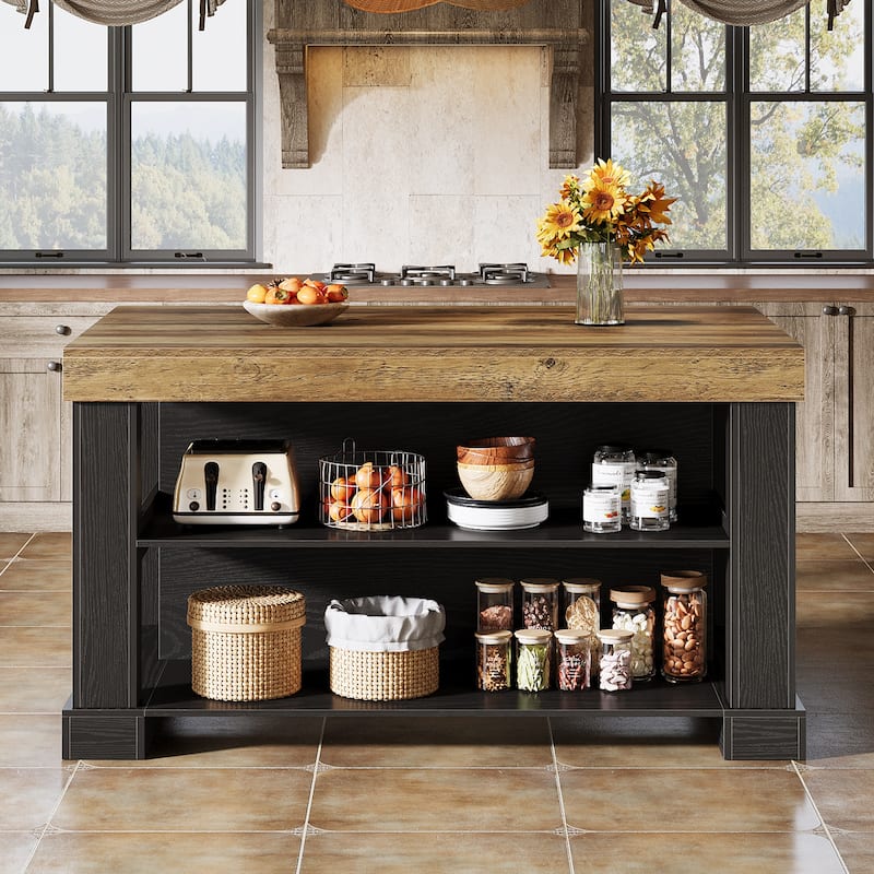 59 Inch Stationary Kitchen Island with Seating and Shelves, Farmhouse Style - 31.5" D x 55.12" W x 35.43" H