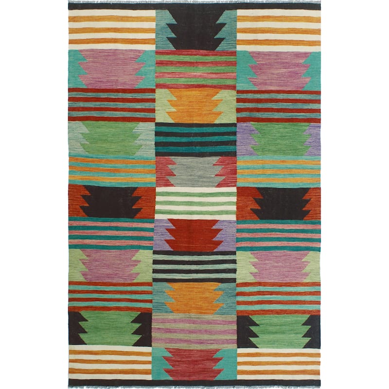 Modern Flatweave Irmak Green/Ivory Rug - 6'4" x 9'9"