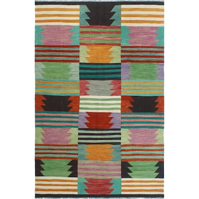 Modern Flatweave Irmak Green/Ivory Rug - 6'4" x 9'9"