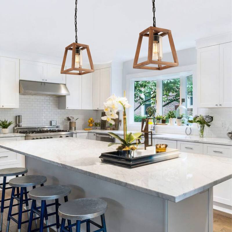 Anmytek Pendant Light Farmhouse Kitchen Wood Chandelier Rustic Hanging Ceiling Light Fixture