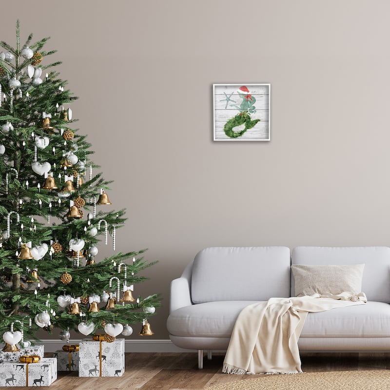 Stupell Christmas Mermaid Winter Holly Floral Pine Framed Wall Art, 12 x 12
