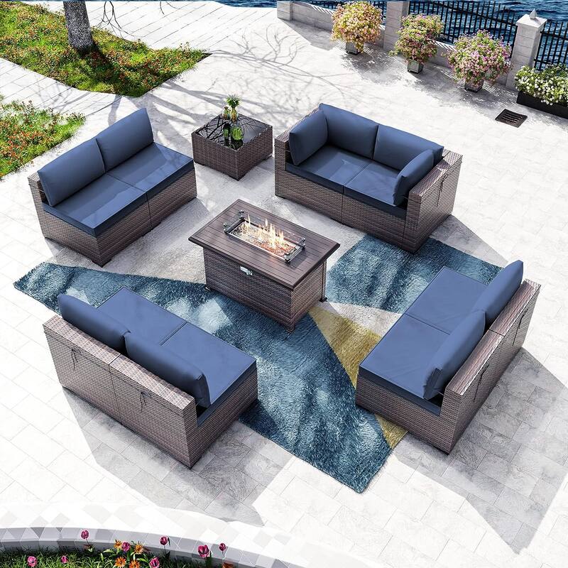 Kullavik 10 Pieces Outdoor Patio Furniture Set with Fire Pit Table - Navy Blue