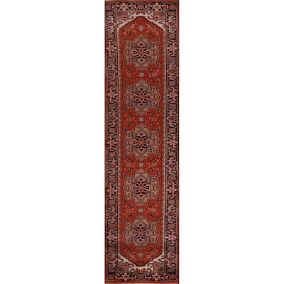 Hand Knotted Oriental 100% Wool Carpet Traditional Geometric Oranges & Rust Heriz (serapi) Runner Rug - 11' 8'' X 2' 6''