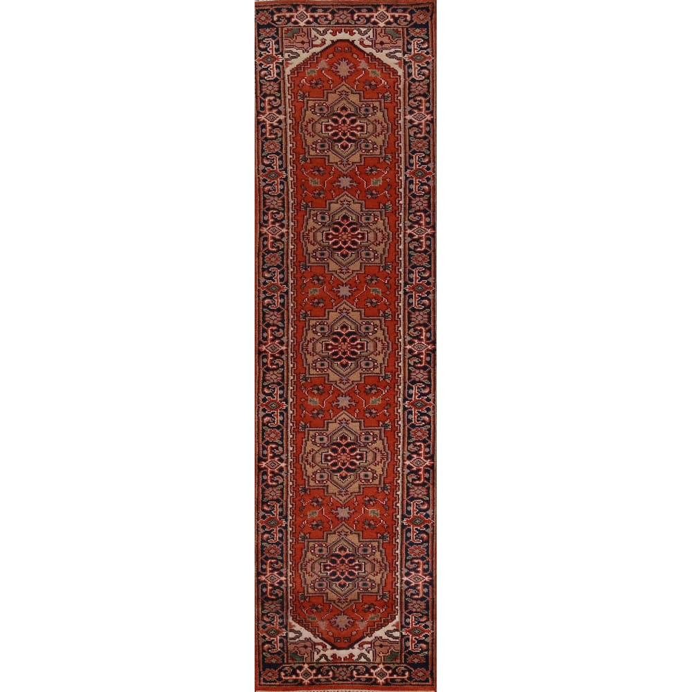 Hand Knotted Oriental 100% Wool Carpet Traditional Geometric Oranges & Rust Heriz (serapi) Runner Rug - 11' 8'' X 2' 6''