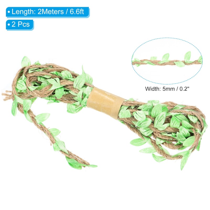 2Pcs 6.6ft 5mm Burlap Leaf Ribbon Vine Natural Jute Rope Twine - Light Green