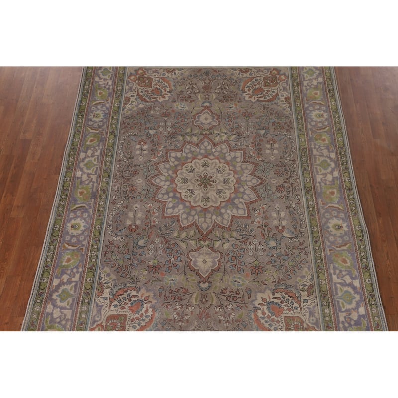 Gray Floral Tabriz Persian Vintage Area Rug Handmade Wool Carpet - 6'7" x 9'10"