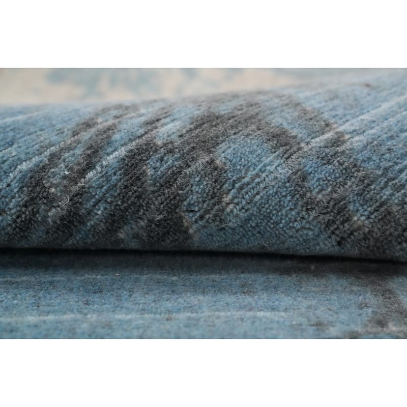 Hand Knotted Oriental Viscose Silk Carpet Modern Abstract Navy Blue & Blues Abstract Runner Rug - 4' 8'' X 2' 4''