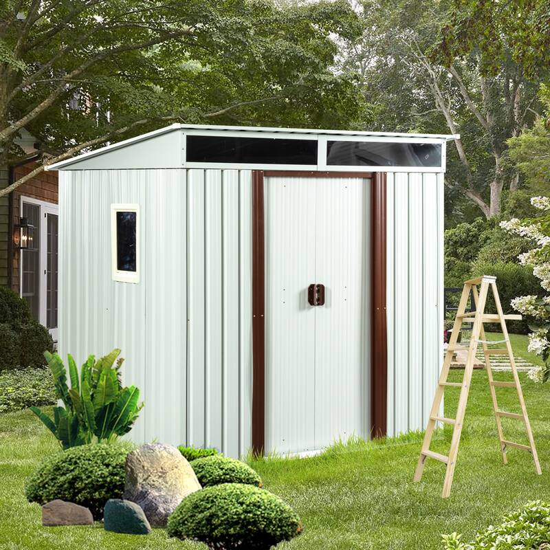 Outdoor Rust-proof Metal Storage Shed Garden Shed with Lockable Sliding Door, Waterproof Tool Shed, Transparent Roof Panel - White