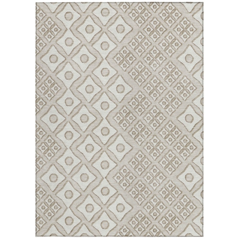 Beige And Ivory Geometric Washable Indoor Outdoor Area Rug - 5' X 8'