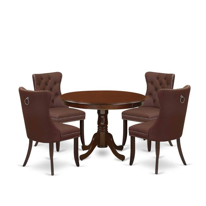 NeoClassical 5 Piece Dinette Set - Round Kitchen Table & 4 Burgundy Parson Chairs - Mahogany Finish