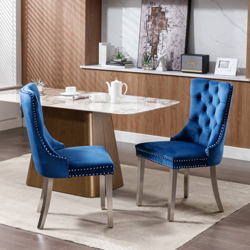 Set of 2 Velvet Dining Chairs with Nailhead Trim and Chrome-Plated Stainless Steel Legs