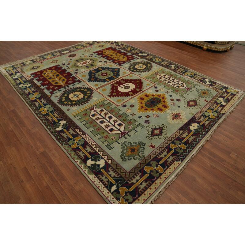 Hand-knotted Traditional Wool Green Geometric Oriental Area Rug - 12' 0'' X 9' 0''